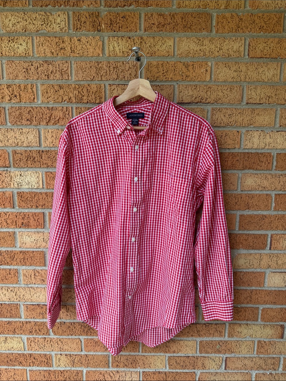 Lands End Men's Red Gingham Button-Up Shirt Tailored Fit 16/33 Long Sleeve